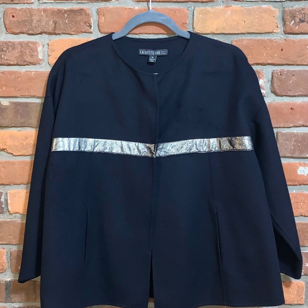 Lafayette 148 Navy Cashmere Wool Blend Silver Striped Jacket Size 10